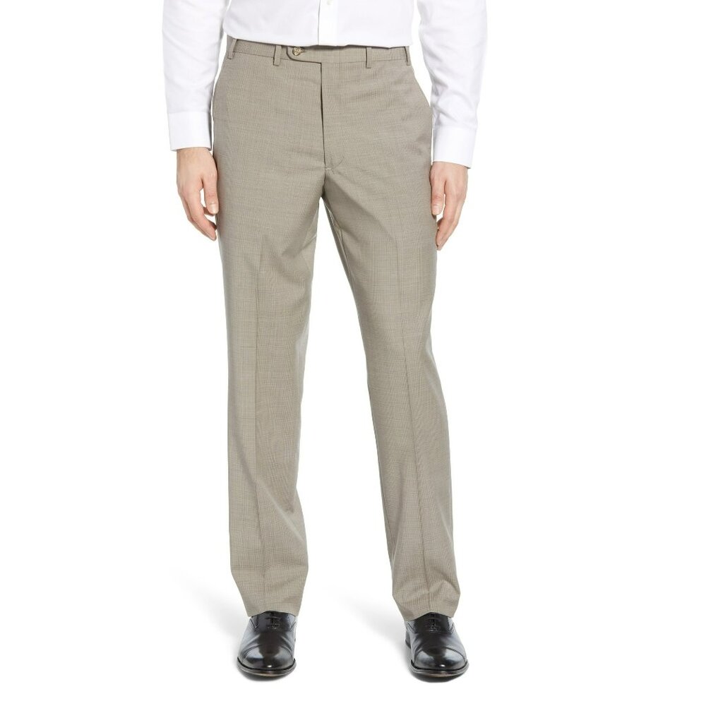 Men's John W. Nordstrom Flat Front Check Wool Dress Pants, Size 34 - Tan